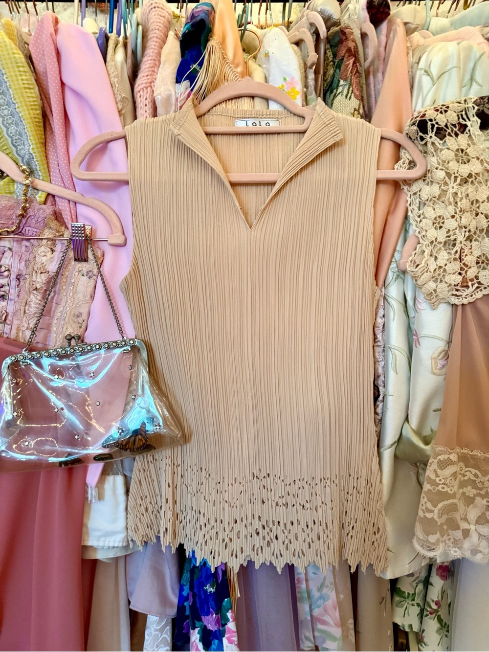 Vintage 00s Pleated Beige Sleeveless Blouse